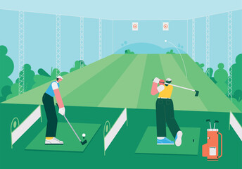 Wall Mural - The background of a golf driving range made of a large net. A back view of people practicing their golf swing.