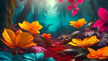 Wall Mural - a fantasy background with large colorful flowers in a misty forest AI Generated