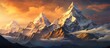 A painting showcasing the towering peaks of the Himalayan mountain range, shrouded in misty clouds under a blue sky. The mountain dominates the scene as the clouds drift by.