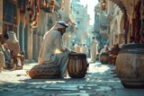 Fototapeta Uliczki - Scene of traditional Ramadan drums being played in narrow streets by old men dressed in arabesques