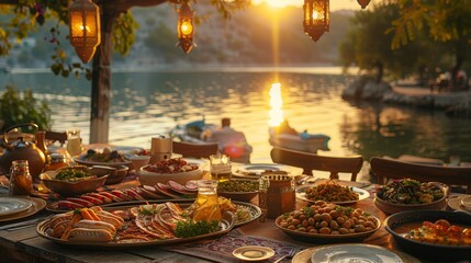 Wall Mural - A beautifully set Iftar table in an outdoor setting, overlooking a tranquil lake, the table laden with traditional dishes and surrounded by family, ready to break the fast