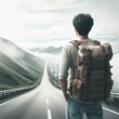a man with a backpack sightseeing walking on a road