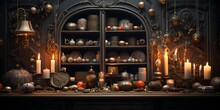 Vintage Interior With Candlestick, Candles And Books. Halloween Concept
