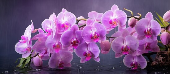 Poster - A cluster of purple flowers, likely orchids, sit atop a wooden table. The blooms are vibrant and refreshed after a recent rainfall, showcasing their beauty indoors.