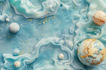 Wall Mural - cosmic elements like stars and planets embedded in marble textures, creating a surreal and ethereal 