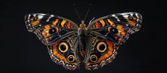 Canvas Print - A close-up view of a stunning butterfly perched on a black background, showcasing intricate details of its wings and body.