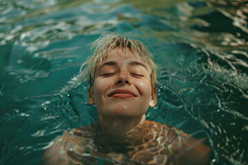 Wall Mural - Young happy blonde woman swimming in a natural lake