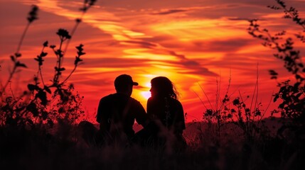 Wall Mural - Silhouetted Couple Embracing in the Warm Sunset Glow, Sharing Love and Happiness on a Beach with Nature's Romantic Backdrop - Vector Illustration