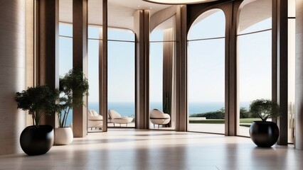 Wall Mural - Describe the grand entrance of your modern villa, with sleek Italian design, a dramatic foyer, and an immediate view that takes your breath away