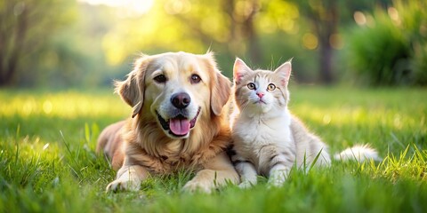 A cat and a dog are laying on the grass together