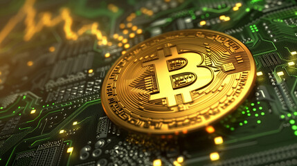 Shiny bitcoin on electronic motherboard, digital currency concept