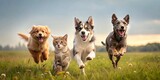 Fototapeta Sawanna - Dogs and cats are running in a field. All are happy and energetic, enjoying their time outdoors.