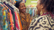 A woman browsing through a rack of clothes at a consignment store laughing with the owner as she tries on different items.