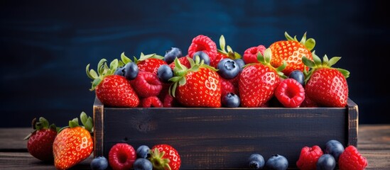 Poster - A wooden table holding a crate filled with ripe strawberries and blueberries, creating a colorful and fresh display. The vibrant red and blue fruits are neatly arranged and ready to be enjoyed in this