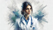 female doctor white coat, painterly style, stucco with brush strokes, Blue styles illustration 
