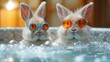Playful White Rabbit in Sunglasses Enjoying Bubble Bath, Afternoon Sunlight, Vibrant Style