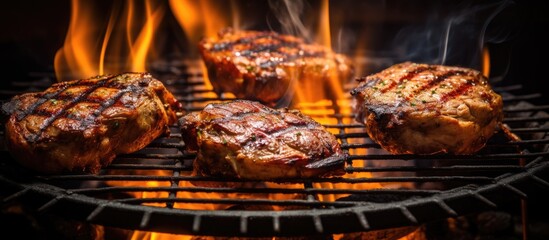 Poster - Juicy steaks sizzle on a hot grill as flames leap in the background. The meat is searing to perfection, with grill marks forming on the surface, releasing a tantalizing aroma.