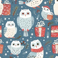 Sticker - Wintery delight: A seamless pattern of owls, gifts, and snowflakes
