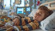 In the ward, a 5-year-old youngster is comatose. outfitted with monitoring and life-saving devices.