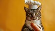 A cat dressed as a cook holds a fried sausage in its claws.