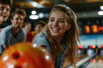 Canvas Print - Group of young people having fun playing bowling