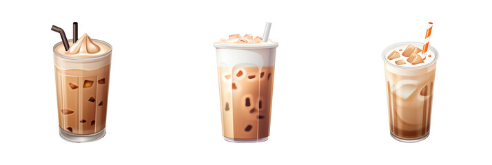 A vibrant 3D icon set of iced coffee drinks, perfect for summer menus, café designs, or refreshing beverage promotions.