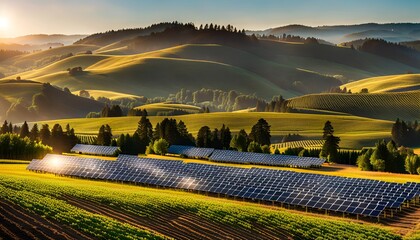 Sticker - Rows of solar panels in the fields in beautiful hilly and foggy Pacific Northwest wine country. 