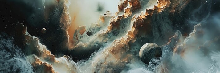 Wall Mural - cosmic elements like stars and planets embedded in marble textures, creating a surreal and ethereal 