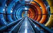 Futuristic industrial tunnel with colorful piping and metallic walkway, conveying a sense of modern technology and infrastructure.