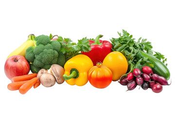  Various fresh vegetables and fruits. Vegetables and fruits isolated on white background.