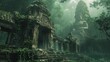 Veiled by the dense canopy of a jungle, the lost ruins reveal themselves, their ancient statues emerging from the verdant overgrowth