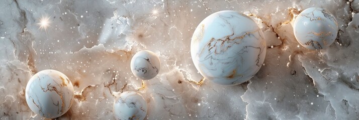 Wall Mural - cosmic elements like stars and planets embedded in marble textures, creating a surreal and ethereal 