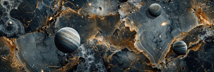 Wall Mural - cosmic elements like stars and planets embedded in marble textures, creating a surreal and ethereal 