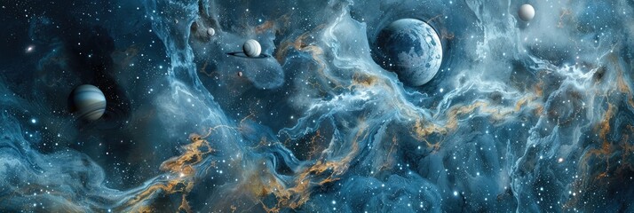 Wall Mural - cosmic elements like stars and planets embedded in marble textures, creating a surreal and ethereal 
