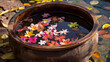 A wooden bowl filled with water and floating flower petals used in Thai traditional healing ceremonies known as Luk Pra Kob.