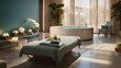 Panoramic view of modern spa room interior with blue bathtub