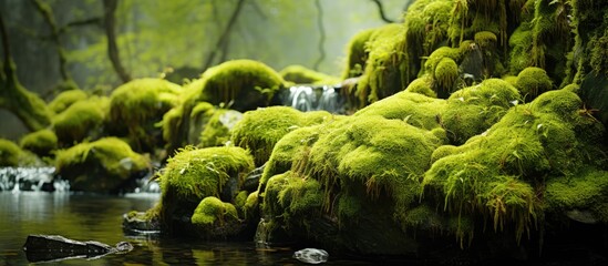 Sticker - A stream meanders through a dense forest filled with vibrant green foliage. The water glistens under the sunlight as it navigates its path over rocks and through trees.