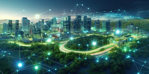 Canvas Print - Sprawling green community with Digital smart city infrastructure and rapid data network. Digital city, smart society, smart homes, digital community. DX, IOT, digital network concept.