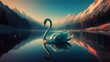 glass swan floating on a still lake. placid blue, 3d render, illustration, wallpaper background, sunset