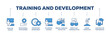 Training icons process structure web banner illustration of coaching, teaching, knowledge, development, learning, experience, and skills icon live stroke and easy to edit 
