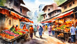 Bustling Local Market in Watercolor