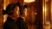 African Teenage Girls Are Experiencing Music Emotional Contagion With Headphones In A Royal Room.