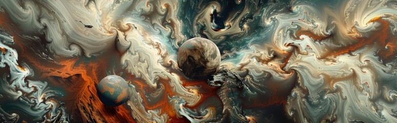 Wall Mural - cosmic elements like stars and planets embedded in marble textures, creating a surreal and ethereal 