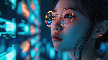 Abstract asian woman Artificial intelligence. Technology web background. Virtual concept