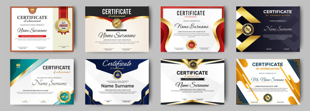 Certificates of achievement template with luxury badge. Eight choice of certificates For award, business, and education needs. Diploma vector template