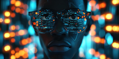 Young black man professional in sunglasses looking of Code Projected on Face and Reflecting. Software Developer Working on Innovative e-Commerce App using AI, Big Data