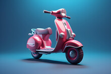 Close-up Of An  Pink  Moped In Retro Style On A Blue Background,  Generated By AI. 3D Illustration