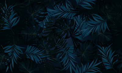 tropical leaves seamless pattern. dark background. exotic tropical background. floral elegant.