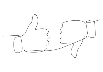 Wall Mural - continuous line drawing of a hands showing thumb up and down. Symbol of great sign and bad sign. Like and dislike concept vector illustration. Vote gesture with fingers one line art.