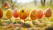 Bunte Ostereier mit Gesichtern und Körper tanzen fröhlich freigestellt isoliert Marketing zu Ostern Eier färben Generative AI